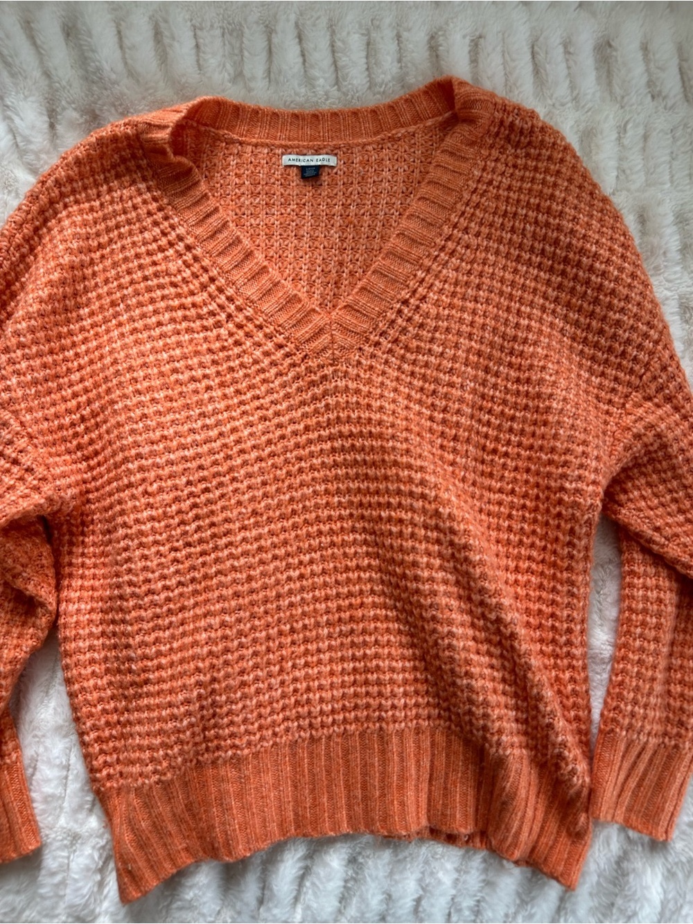 American Eagle Orange V-Neck Oversized Waffle Knit Sweater Size S - Picture 2 of 5